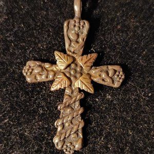 Vintage Sterling Silver Black Forest Gold Leaves Flower Cross1-1/2" x 6/ 8" 2.6g
